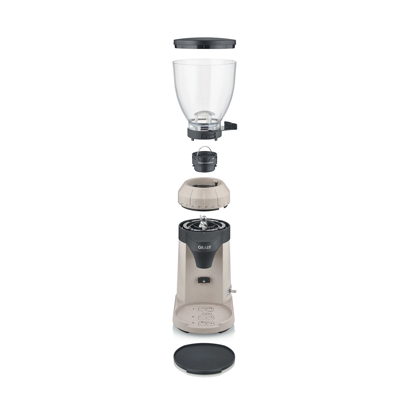 Exploded view of a GRAEF coffee grinder, disassembled parts