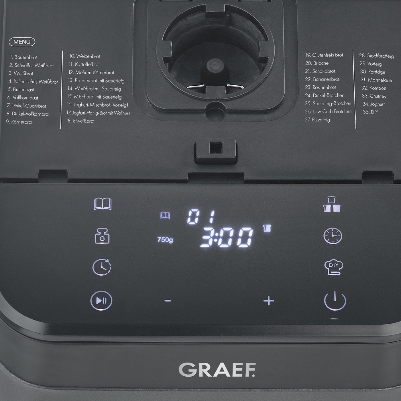 Bread maker with menu selection and digital display showing time and settings.